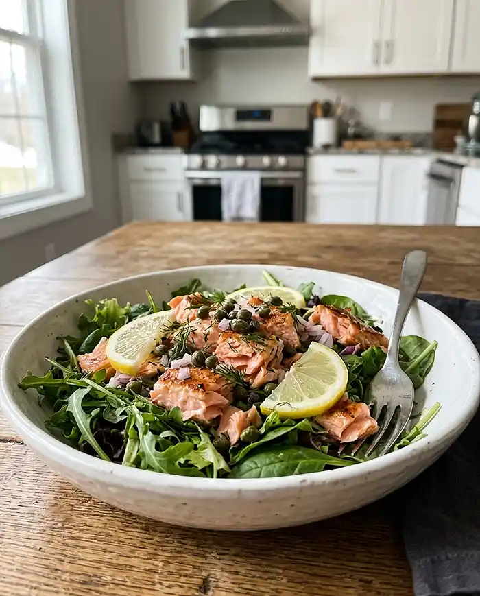 Caper lemon salmon salad in a white bowl with flaky salmon, mixed greens, capers, and lemon slices on a kitchen counter