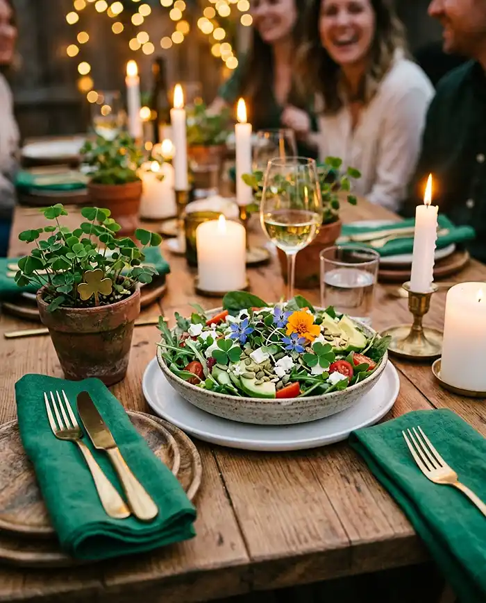 Festive St. Patrick's Day dinner table with a gorgeous green salad centerpiece, gold accents, and candles creating a warm celebration week atmosphere