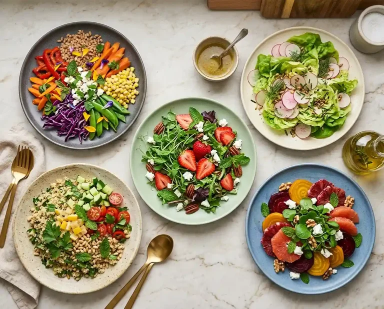 Five colorful spring salads in bowls arranged on a bright kitchen counter featuring rainbow vegetables, radishes, strawberries, quinoa, and beets with citrus