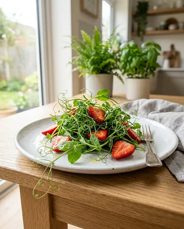 5 Salad Recipes for First Day of Spring 5 Fresh pea shoot and strawberry spring salad on a white plate with delicate curly greens and bright red berries in natural morning light