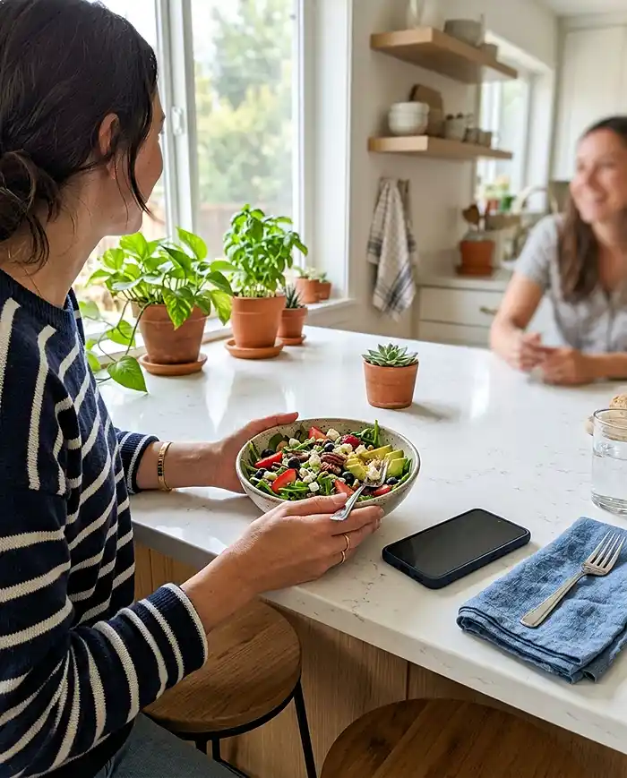 Hands holding a colorful salad bowl at a modern kitchen island with bright natural light and plants in the background