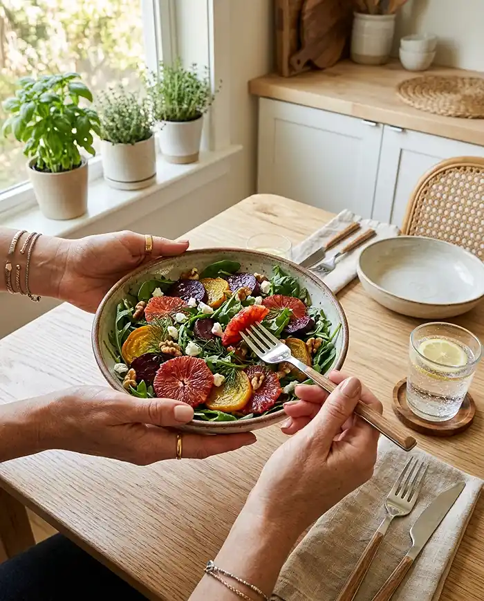 5 Salad Recipes for First Day of Spring 10 Hands holding a colorful spring beet and citrus salad bowl over a wooden table with a glass of wine and empty bowl nearby in a bright kitchen