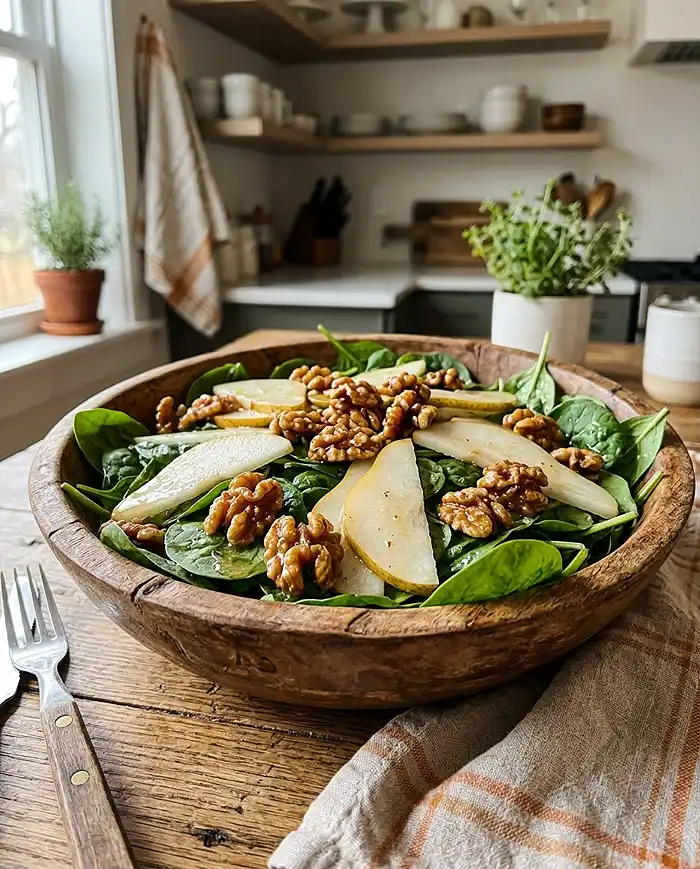Maple glazed walnut and pear spinach salad in a wooden bowl showing fresh spinach, sliced pears, and candied walnuts