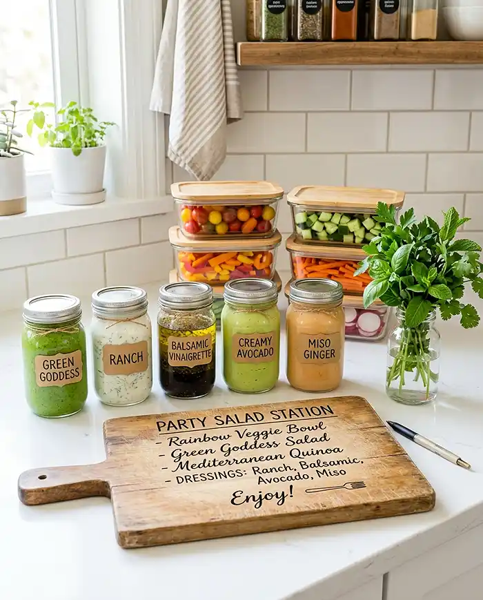 Meal prep station with mason jars of dressings and prepped salad ingredients for St. Patrick's Day Week recipes make-ahead preparation