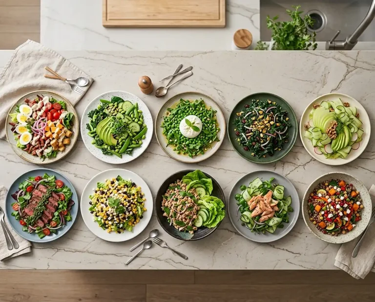 Overhead view of multiple St. Patrick's Day Week recipes featuring vibrant green salads in ceramic bowls on a rustic wooden table with shamrock decorations