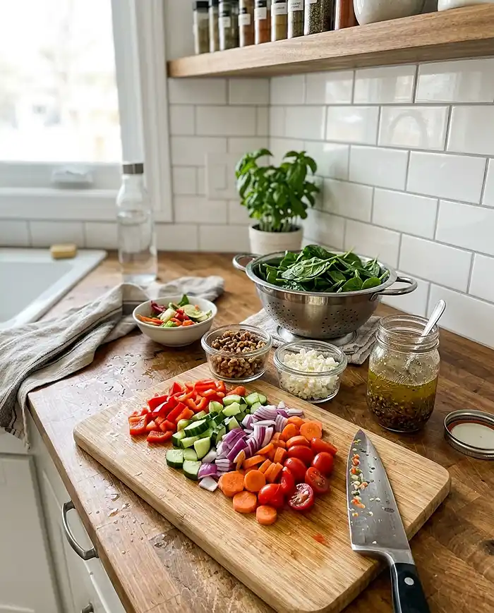 Salad meal prep scene with chopped vegetables, homemade dressing in a mason jar, washed spinach, and toppings in glass containers on a kitchen counter