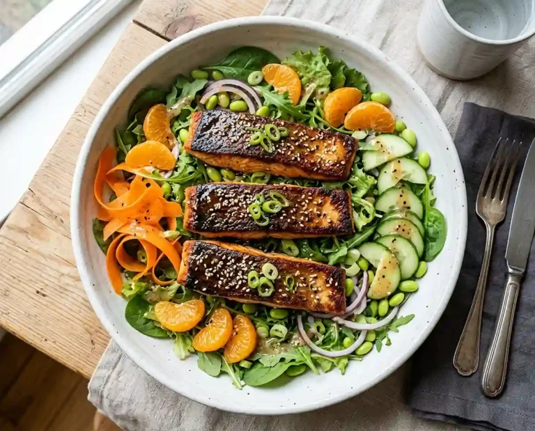 Skin Salmon Salad with Miso Ginger Dressing