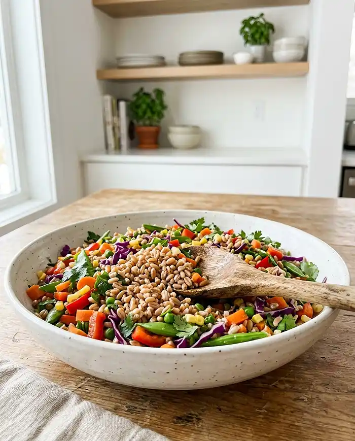 5 Salad Recipes for First Day of Spring 2 Spring rainbow salad with farro in a shallow bowl showing colorful vegetables and chewy grains with a wooden spoon on a bright kitchen counter