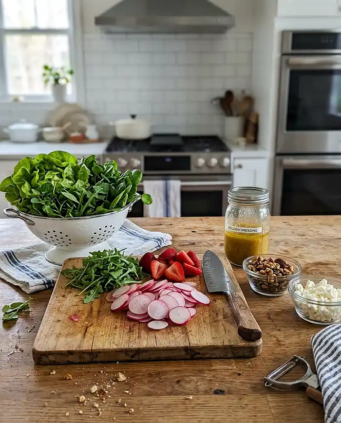 5 Salad Recipes for First Day of Spring 9 Spring salad meal prep scene with washed greens, sliced radishes and strawberries, homemade dressing in a jar, and toppings in small bowls on a kitchen counter