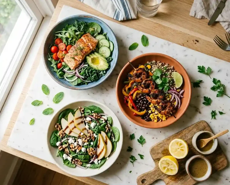 Three colorful salad bowls with salmon, blackened shrimp, and spinach arranged on a bright kitchen counter with fresh mint and lemon halves nearby