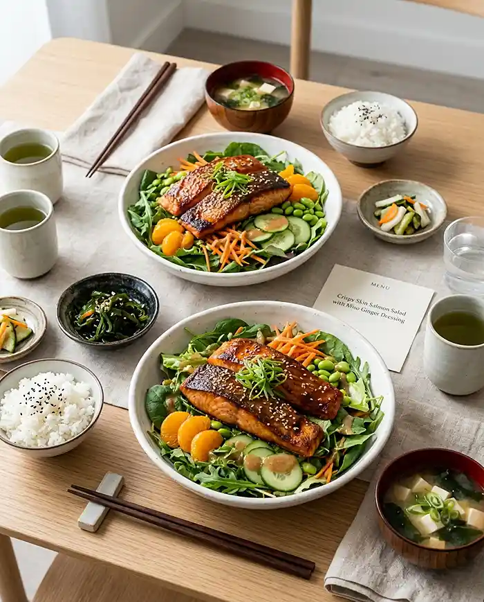 Skin Salmon Salad with Miso Ginger Dressing 4 japanese salmon recipe