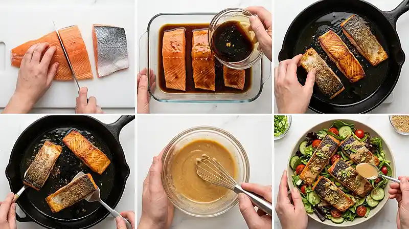 Skin Salmon Salad with Miso Ginger Dressing 3 miso ginger dressing