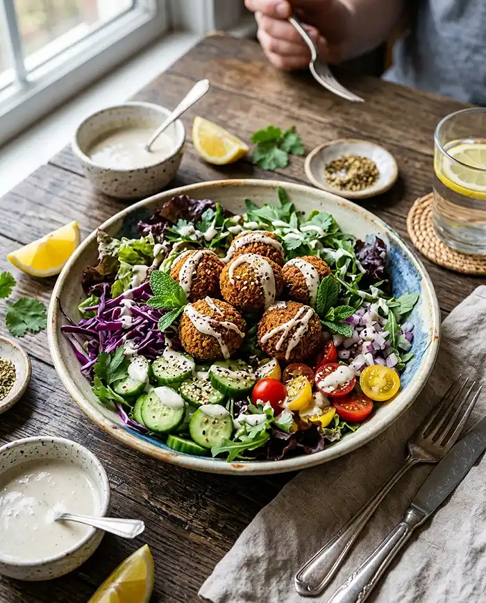 Loaded Falafel Salad Bowl 4 tahini dressing salad