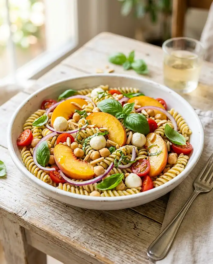 Peach Basil Chickpea Pasta Salad 4 basil summer salad