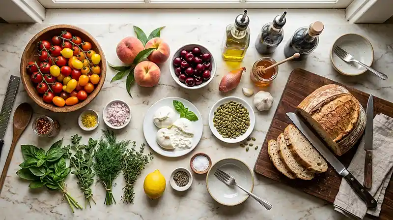 Tomato Peach Burrata Bread Salad 2 peach bread salad