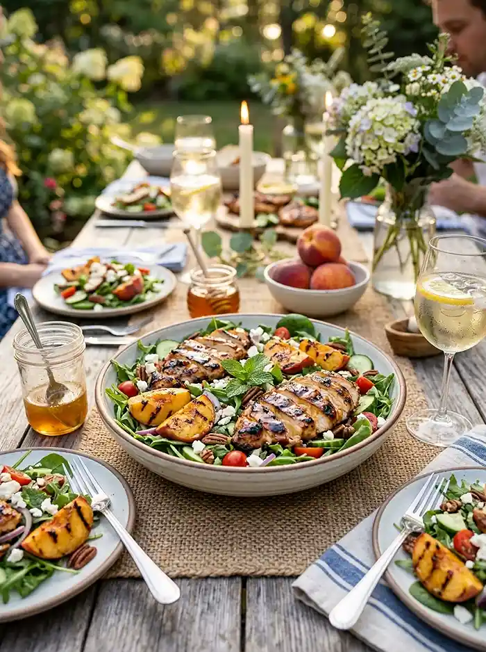 Hot Honey Chicken Peach Salad 4 sweet spicy summer dinner