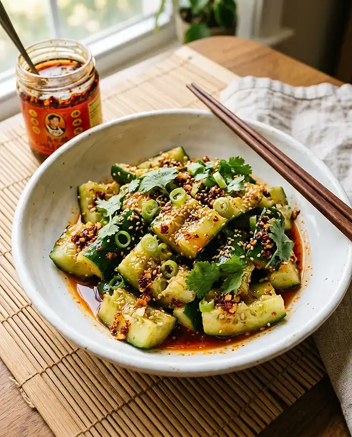 Chili Crisp Smashed Cucumber Salad 4 viral cucumber recipe