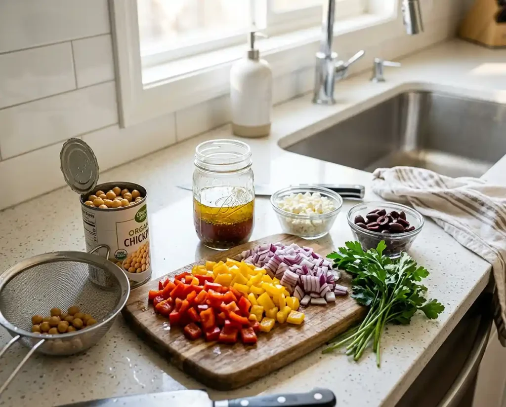 Dense Bean Salad Recipes 11 Bean salad meal prep scene with drained chickpeas, diced vegetables on a cutting board, homemade dressing in a mason jar, and toppings in small bowls on a kitchen counter