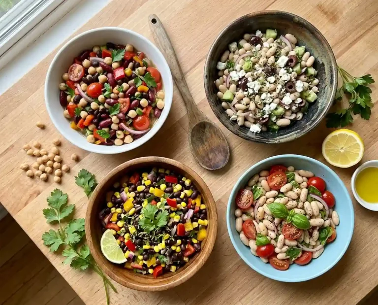 Four colorful dense bean salad bowls arranged on a bright kitchen counter featuring Mediterranean, Italian, Southwest, and classic variations with fresh herbs and lemon nearby