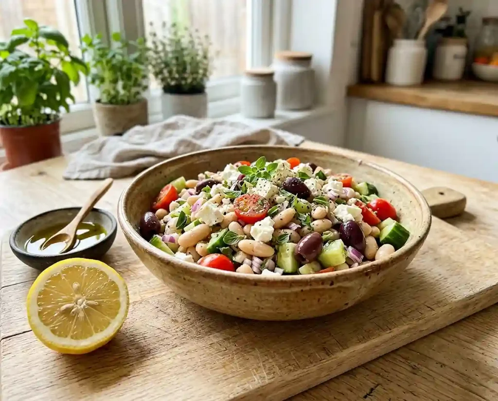 Dense Bean Salad Recipes 4 Mediterranean dense bean salad in a rustic bowl with white beans, crumbled feta, olives, tomatoes, and fresh oregano on a wooden cutting board