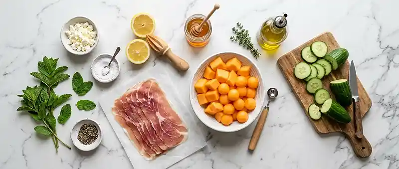 Cantaloupe Cucumber Prosciutto Mint Salad 2 cantaloupe salad