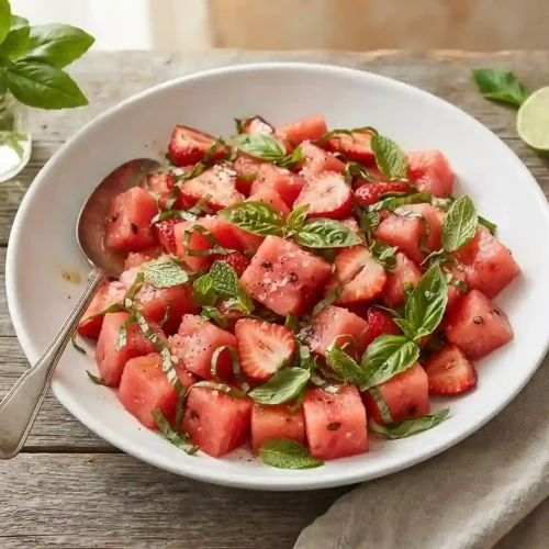 Watermelon Strawberry Lime Basil Salad