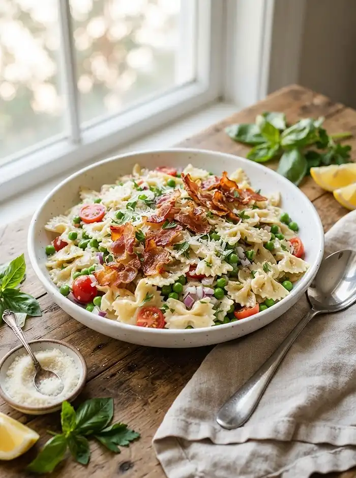 Crispy Prosciutto Pea Pasta Salad 4 creamy summer pasta salad