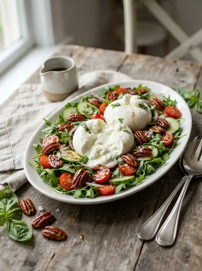 Burrata Greens with Hot Honey Pecans 4 summer green salad