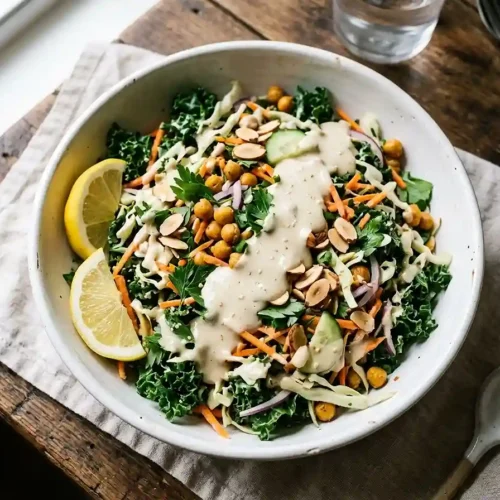 Lemon Tahini Kale Slaw Salad