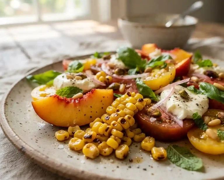 Sweet Corn Tomato Peach Caprese Salad