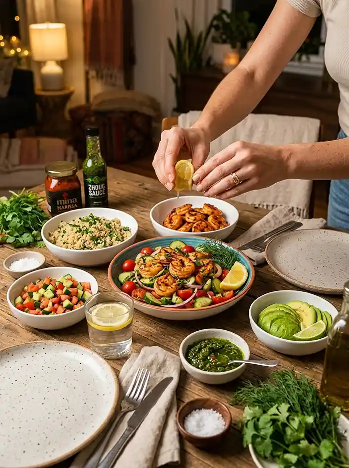 Harissa Shrimp Tomato Cucumber Salad 4 high protein salad