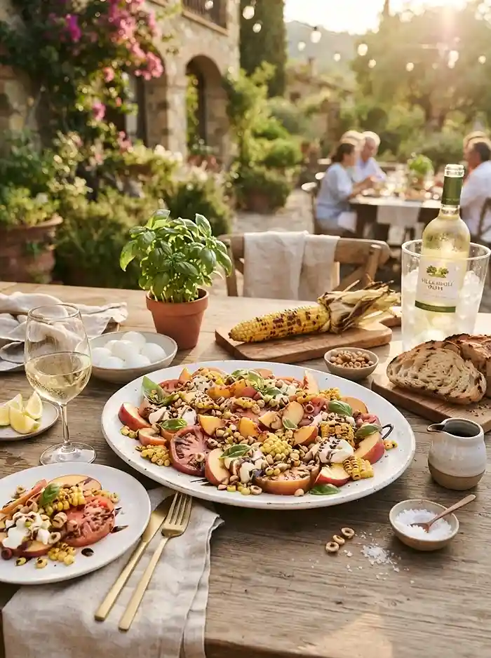 Sweet Corn Tomato Peach Caprese Salad 4 labor day salad