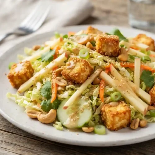 Crispy Tofu Apple Slaw Salad