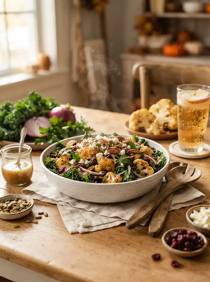 Warm Maple Cauliflower Kale Salad 4 beautiful maple cauliflower kale for peak fall entertaining