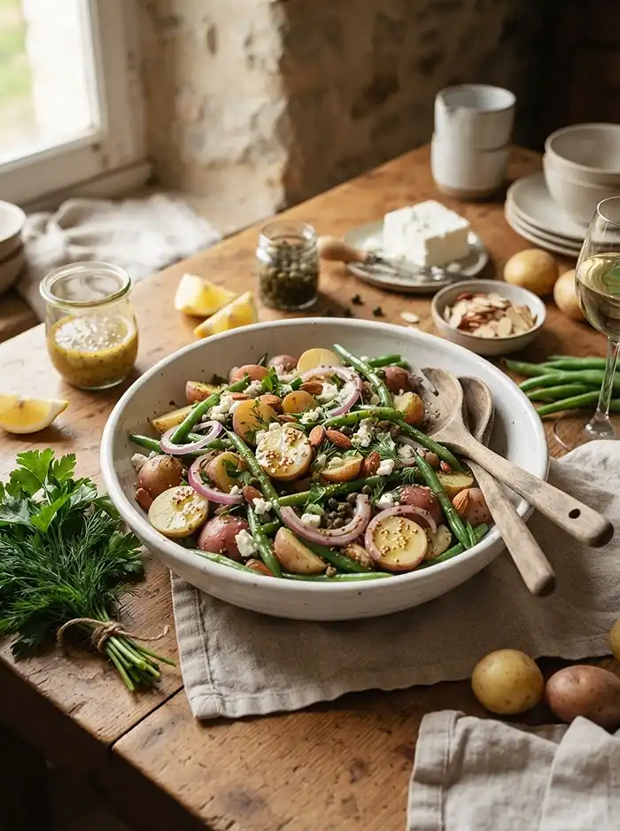 Warm Potato Green Bean Mustard Salad 4 cold potato bean mustard for picnic and potluck tables