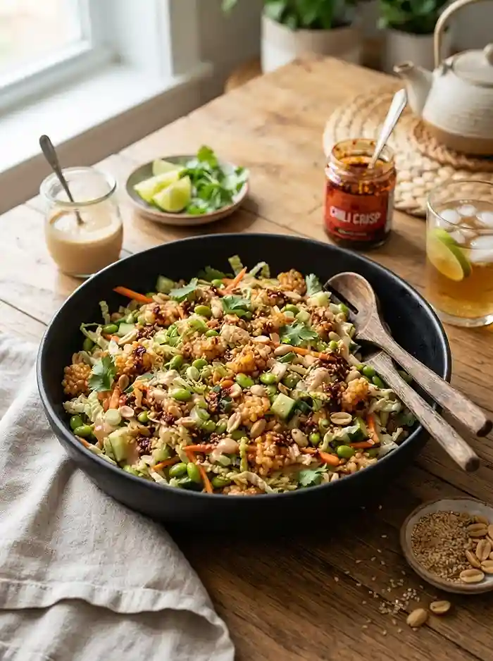 cold rice edamame chili for picnic and potluck tables