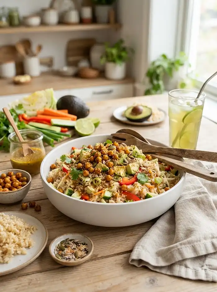 Crispy Chickpea Brown Rice Crunch Salad 4 make ahead chickpea brown for football tailgate spreads