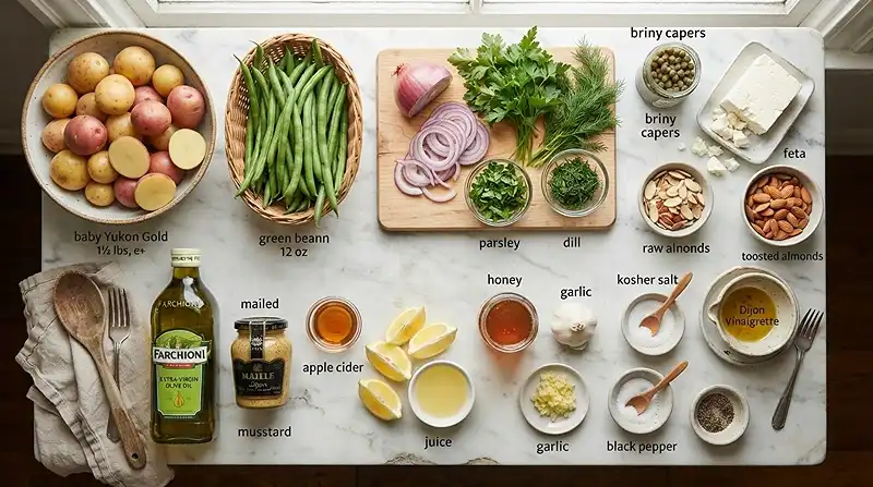 Warm Potato Green Bean Mustard Salad 2 make ahead potato bean for football tailgate spreads