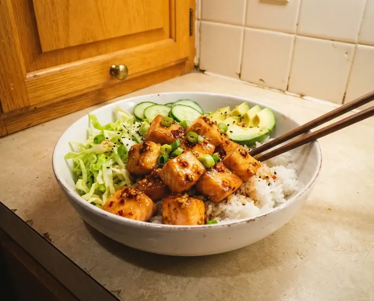 Chili Crisp Salmon Cabbage Rice Bowl