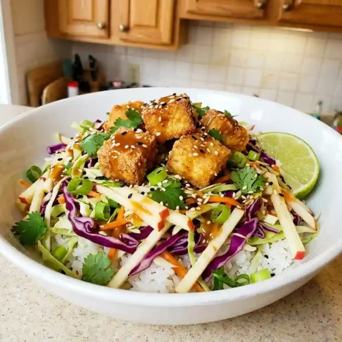 Crispy Tofu Apple Cabbage Bowl