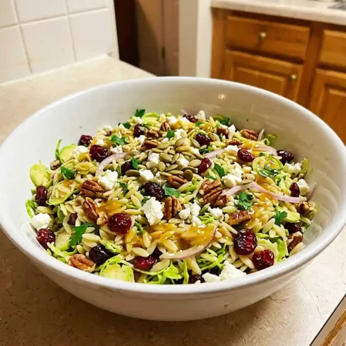 Maple Dijon Brussels Orzo Salad