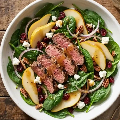 Hearty Maple Dijon Steak Pear Spinach Salad 5 Maple Dijon Steak Pear Spinach Salad