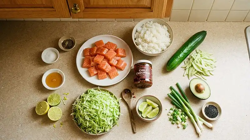 Chili Crisp Salmon Cabbage Rice Bowl 2 chili crisp protein salad bowl