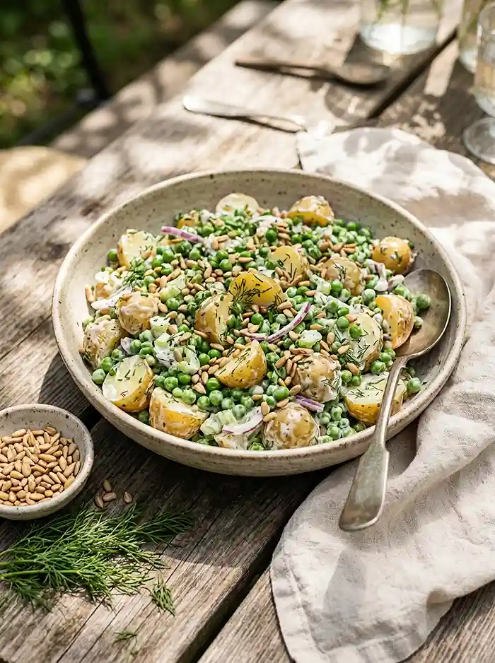 Greek Yogurt Potato Pea Crunch Salad 4 cold greek yogurt potato for picnic and potluck tables