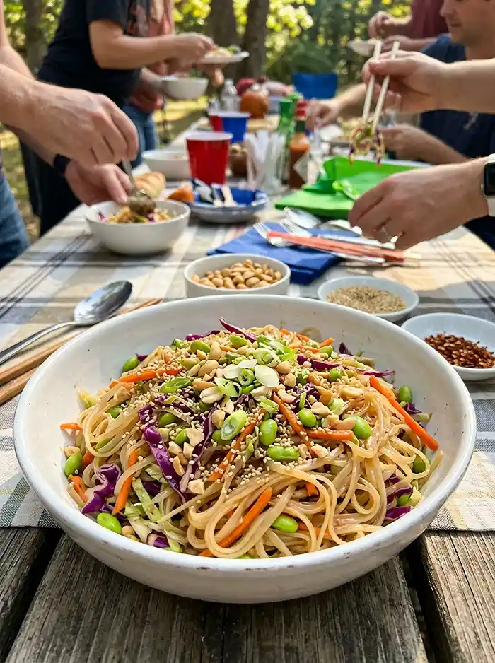cold sesame cabbage rice for picnic and potluck tables