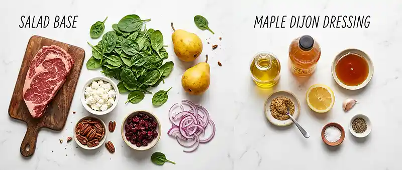 Hearty Maple Dijon Steak Pear Spinach Salad 2 dijon steak protein salad bowl