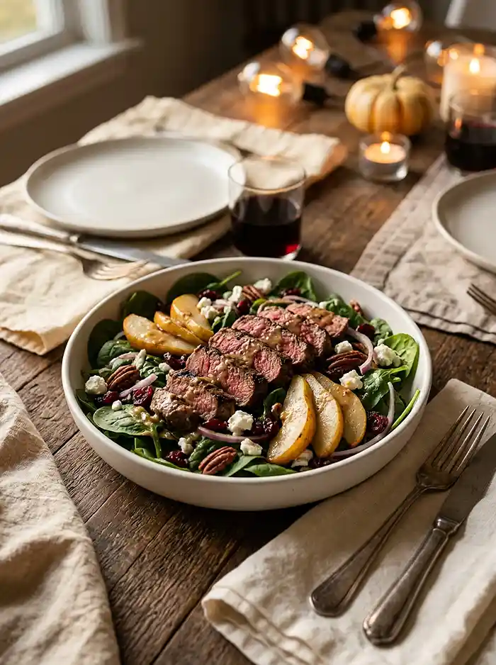 Hearty Maple Dijon Steak Pear Spinach Salad 4 easy weeknight salad dinner idea