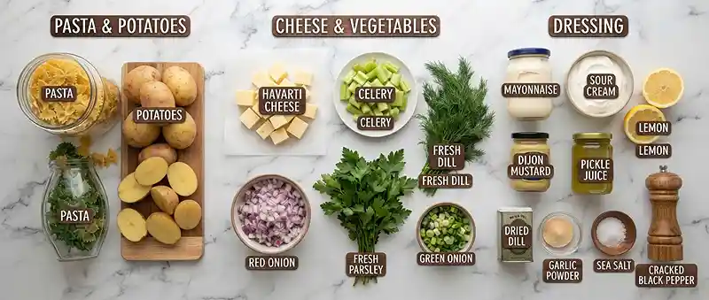 Dill Havarti Potato Bowtie Salad 2 make ahead dill havarti for football tailgate spreads