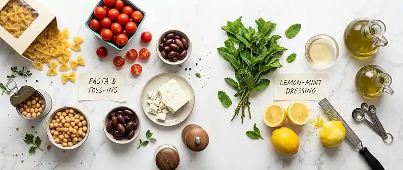 Feta Bean Pasta with Lemon and Mint 2 pasta salad with garbanzo beans tomatoes and feta cheese​